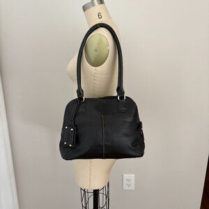 Tignanello Black Pebbled Leather Zip Top Satchel Contrast Brown Stitching
